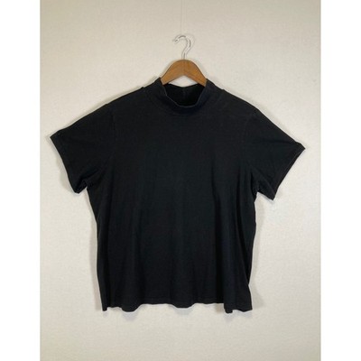 Denim & Co Essentials Mock Neck Top Womens 1X Black Short Sleeve Stretch Tee