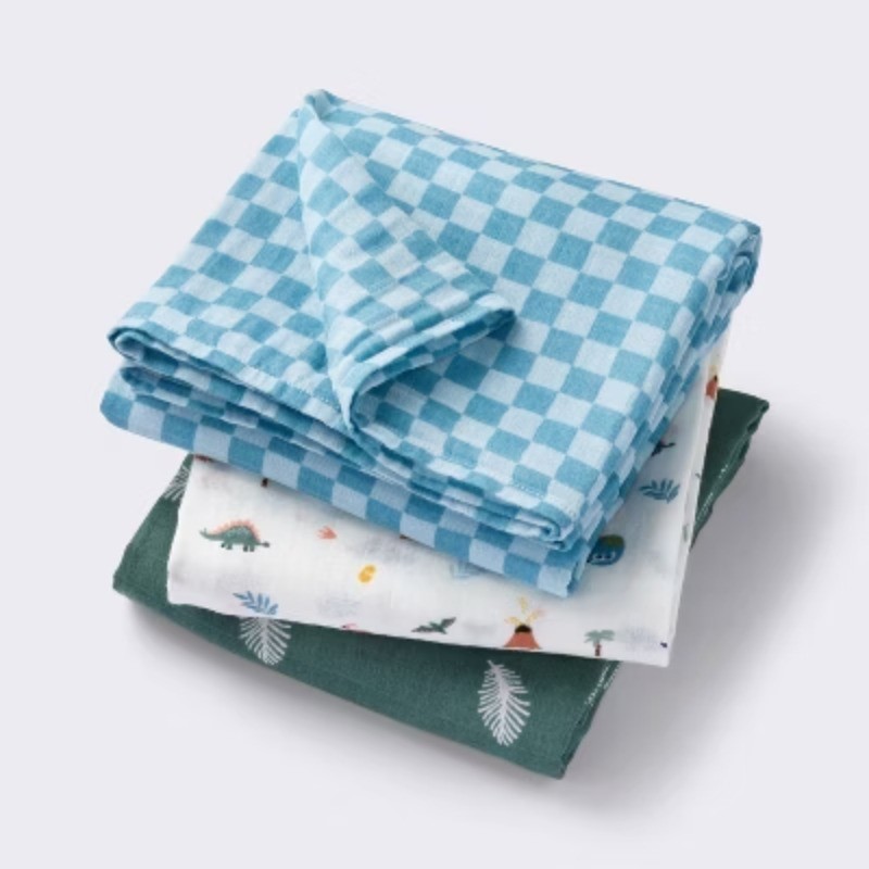 Muslin Swaddle Baby Blanket Dino Check 3pk: Soft Cotton, Floral Logo Pattern
