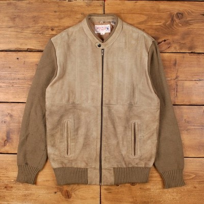 Vintage Marlin Club II Leather Jacket L 80s Suede Knit Beige