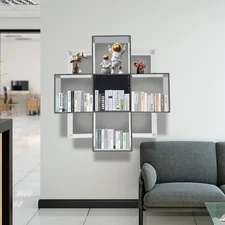 3 Tiers Wall Mounted Bookcase Book Shelf Modern Bookcase With 9 Compartments