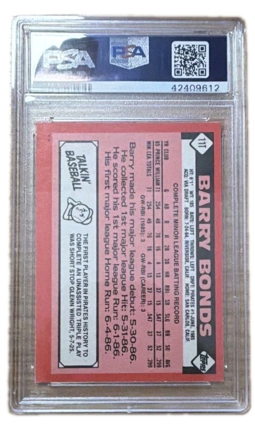 Barry Bonds 1986 Topps rookie #11T PSA 10 view 2