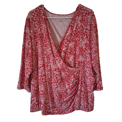 Talbot Faux Wrap Top Shirt Women's Size 3X Red White Floral 3/4 Sleeve V-Neck