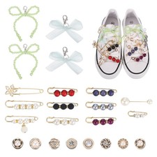 23Pcs Shoe Charm, Green Faux Pearl Bows Gray-green Tulle Mesh Bow Clips