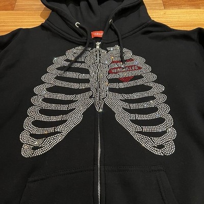 VERSAILLES Rhinestone Skeleton Zip Up Hoodie Black Heart Graphic