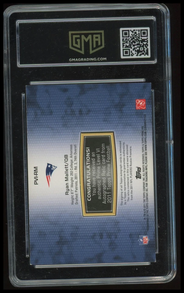 2011 Topps Prime #PVI-RM Ryan Mallett Autographed Relics Level 6 GMA 4 #/515 - Image 2 of 2