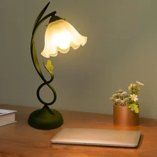 Table Lamp Flower Shape Glass Bedside Desk Light Fixture Green Reading Lamp