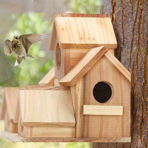 Outside Wooden Bird Houses Hanging 6 Hole Handmade Natural Bird House Yard New - Picture 11 of 13