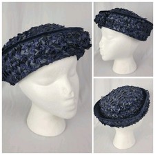 Vintage Navy Blue Straw Woven Hat w Brim and Bow