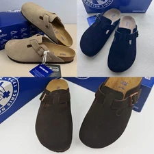 Birkenstock Boston Gray / Black / Mocha Suede Leather Soft Footbed Clog Shoes