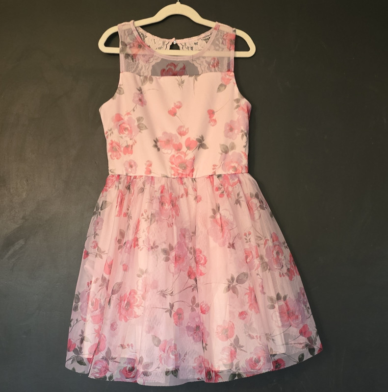 zenzi Girls Fit & Flare Floral Dress Pink Gray Sleeveless Lace L (10/12)