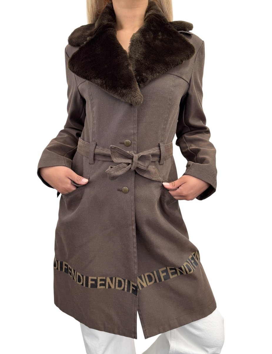 FENDI Vintage FF Logo Fur Belted Long Trench Coat Jacket #38 Brown