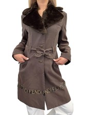 FENDI Vintage FF Logo Fur Belted Long Trench Coat Jacket 38 Brown Black