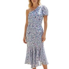 ASTR The Label SANTORINI Womens Size L Blue Floral Puffy One Shoulder MIDI Dress