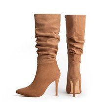 Women's Side Zipper Leather Winter High Heels Pointed Toe Suede Knee High Boots