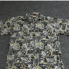 Go Barefoot Shirt Mens Size L Grey Yellow Fish Hawaiian Made in USA Cotton