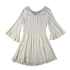 True Destiny Mini Dress Womens Medium Ivory Boho Lace Bell Sleeve Crochet Gauze