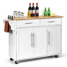 Kitchen Island Trolley Cart Wood Top Rolling Storage Cabinet w/Knife Block White