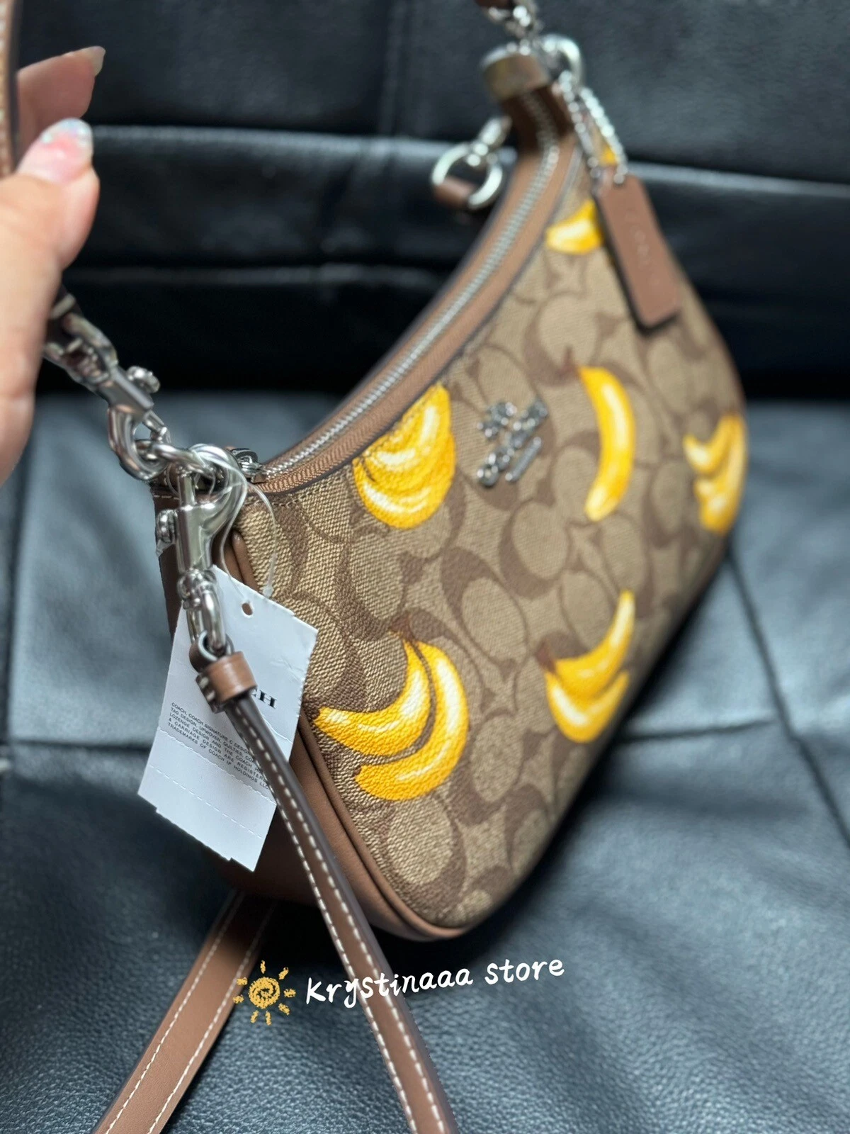 Borsa a tracolla COACH Teri firma tela pelle con stampa banana CR289 nuova con etichette