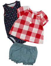 Carter's 3Pc Floral Sleeveles Bodysuit Gingham Top  Chambray Shorts Set Size 6M
