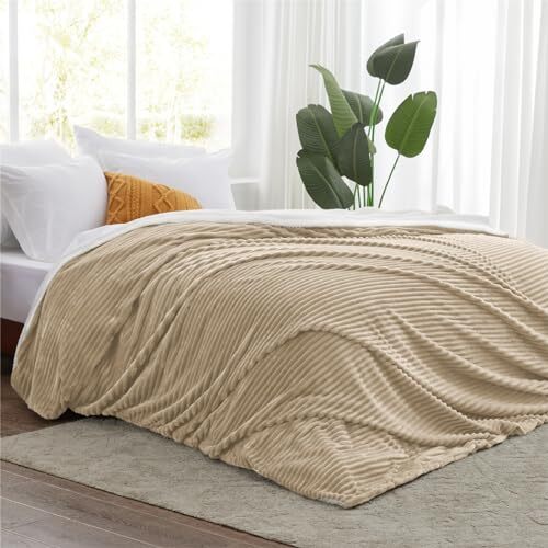 Sherpa Blankets Queen Size - Fleece Queen Blanket for Bed, Queen(90"x90") Khaki - Picture 2 of 6