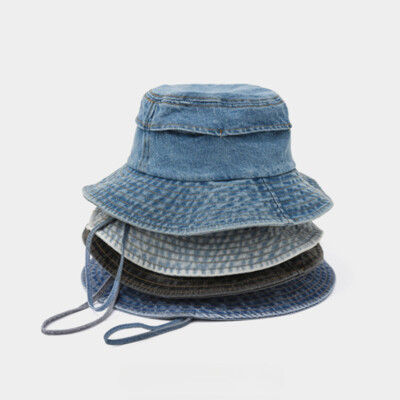 Damen Vintage Denim Bucket Hat Mit Kinnriemen Atmungsaktive Sonnenschutzkappe