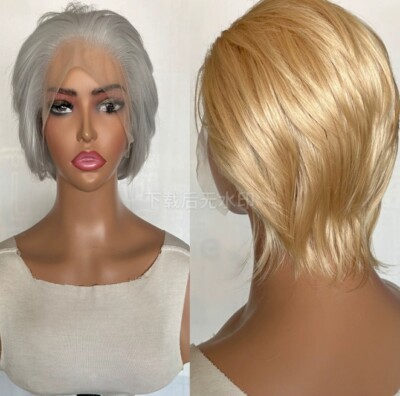 Short Pixie Cut Golden Gray Wigs Lace Front Synthetic Cosplay Wigs Pre Plucked
