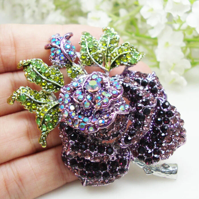 Broche prendedor mujer flor rosa cristal púrpura vintage joyería estrás  Foto 2 de 4