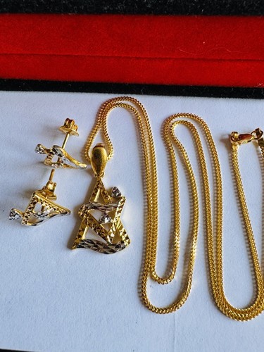 Solid New 22C 916 Real Gold Dubai Triangle Shape Earring Necklace 20” Long 10.2g - Picture 10 of 23