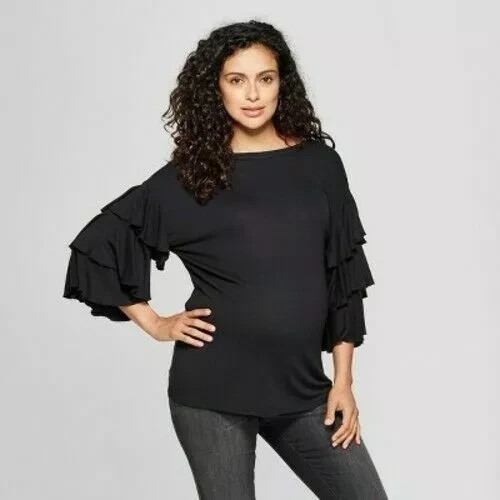Isabel Maternity by Ingrid & Isabel Black Ruffle Flounce Sleeve sweater Large L