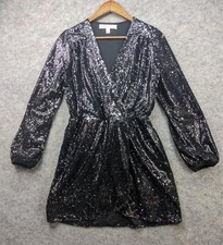 Honey Belle Dress Womens Medium Black Sequin Long Sleeve Surplice Neck Faux Wrap