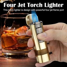 Cigar Lighter Four Jet Flame Torch Lighter Cigar Punch and Holder Butane Lighter