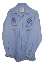 H Bar C California Ranchwear Blue Shirt  Long Tail 5 Pearl Snap Cuff Embroider