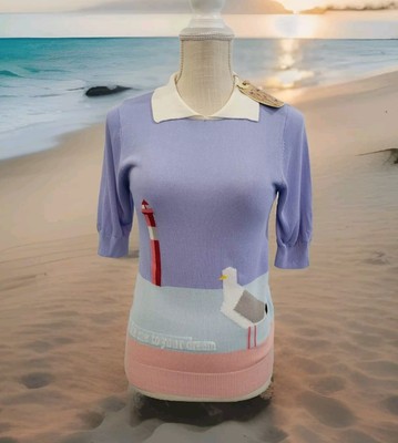 NEW Miss Patina Sweater Size Small Blue Multi Short Sleeve Seagull Lighthouse 