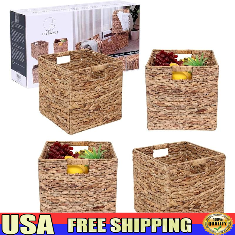 Foldable Water Hyacinth Storage Baskets Set of 4 Wicker Cube Organizers  