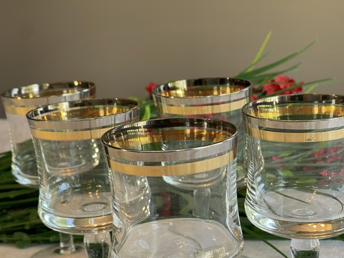Vintage Set Of 5 Cordial Stemmed Double Ring Silver Gold Rim Glasses MCM - Picture 2 of 7