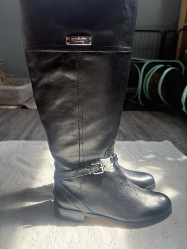 COACH Black Leather Knee High Boots Zip Buckle Strap Round Toe Womens US 7