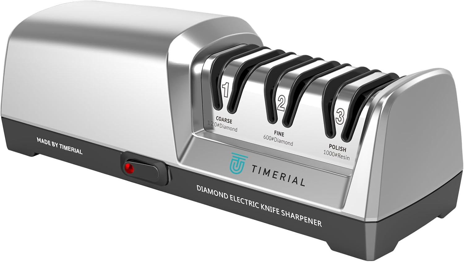 TIMERIAL Affilacoltelli Elettrico 3 Stadi Disco Abrasivo Diamantato 15° Guida An
