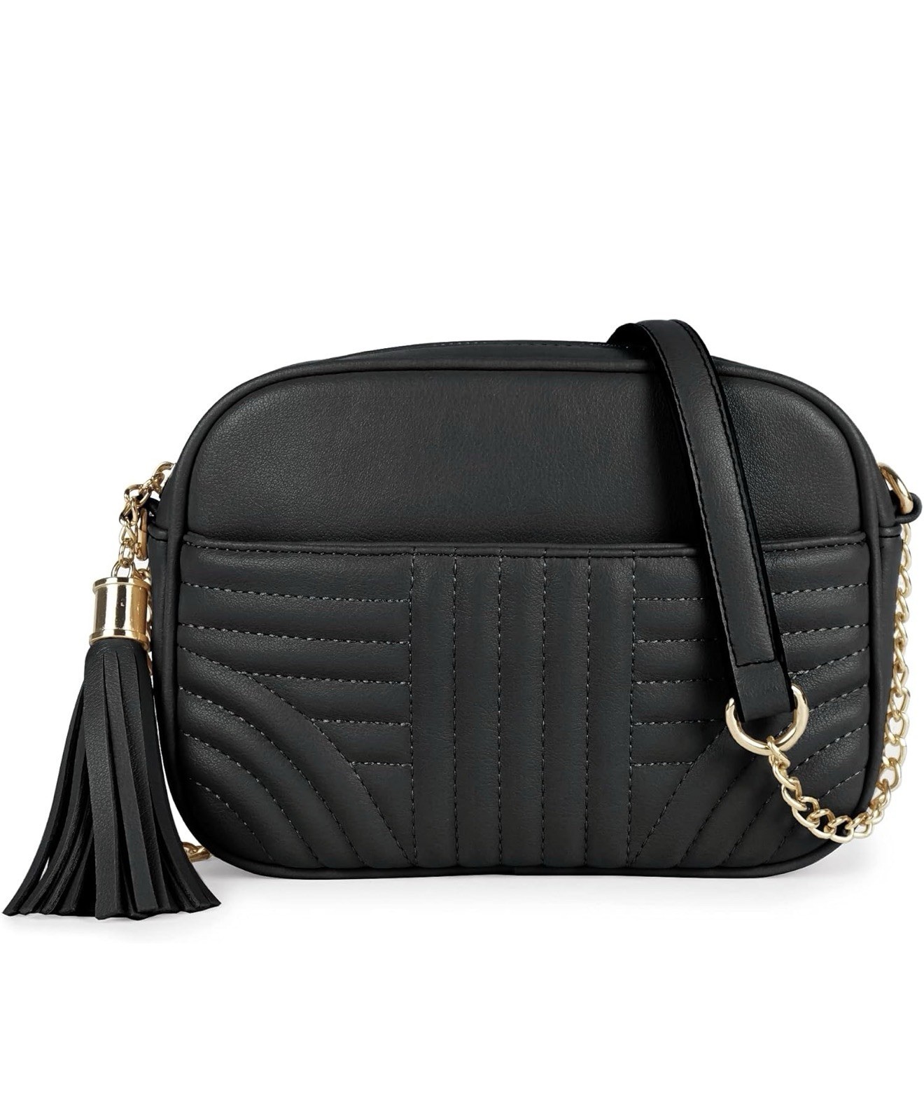 Vegan Leather Black Quilted Crossbody Bag Gold Chain Tassel Adjustable Strap