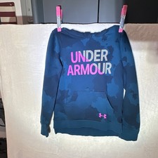 Under Armour ColdGear Men's Blue Camo Pullover Hoodie Pink Logo Size M