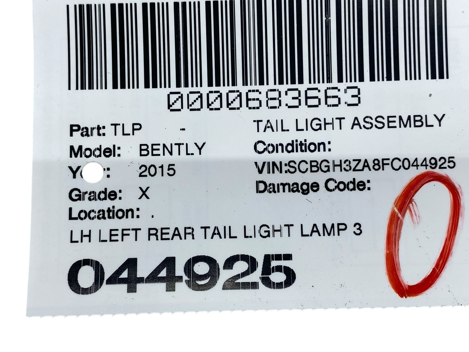 2015 BENTLEY CONTINENTAL LH LEFT REAR TAIL LIGHT LAMP 3W3945095Q OEM