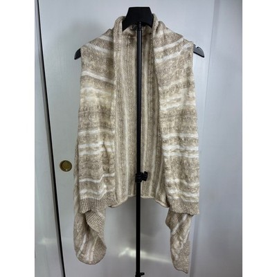 Olivia Sky Womens 1X Beige Striped Cotton Knit Open Front Draped Cardigan Vest