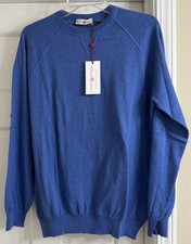 NWT Luciano Barbera Blue Cotton/Cashmere Knit Crew Neck Sweater Sz 54 US XL 