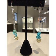 Handmade Turquoise Pearl Long Dangle Earrings Boho Western Coastal 3" Drop