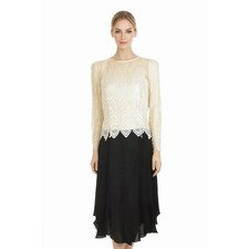 1980s Cachet by Bari Protas Ivory Lace Black Chiffon Dress medium