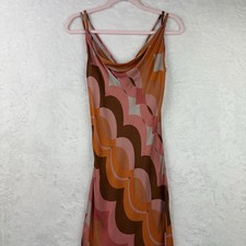 Two Cumberland Geometric Brown Orange Multi Midi Dress Women Medium Adjustable
