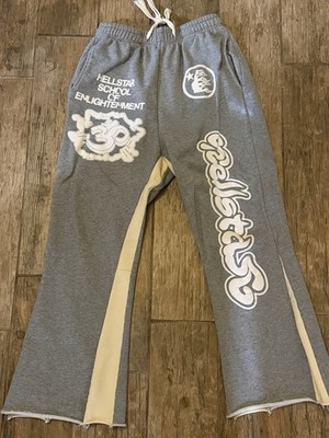 HELLSTAR Gray/Beige Graphic Print Fleece Sweatpants Drawstring Elastic Waist M 