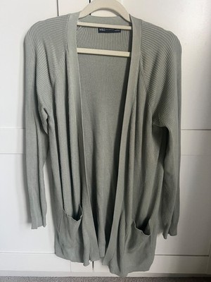 M&S Open Front Edge to Edge Soft Green Knit Longline Long Cardigan Size Small