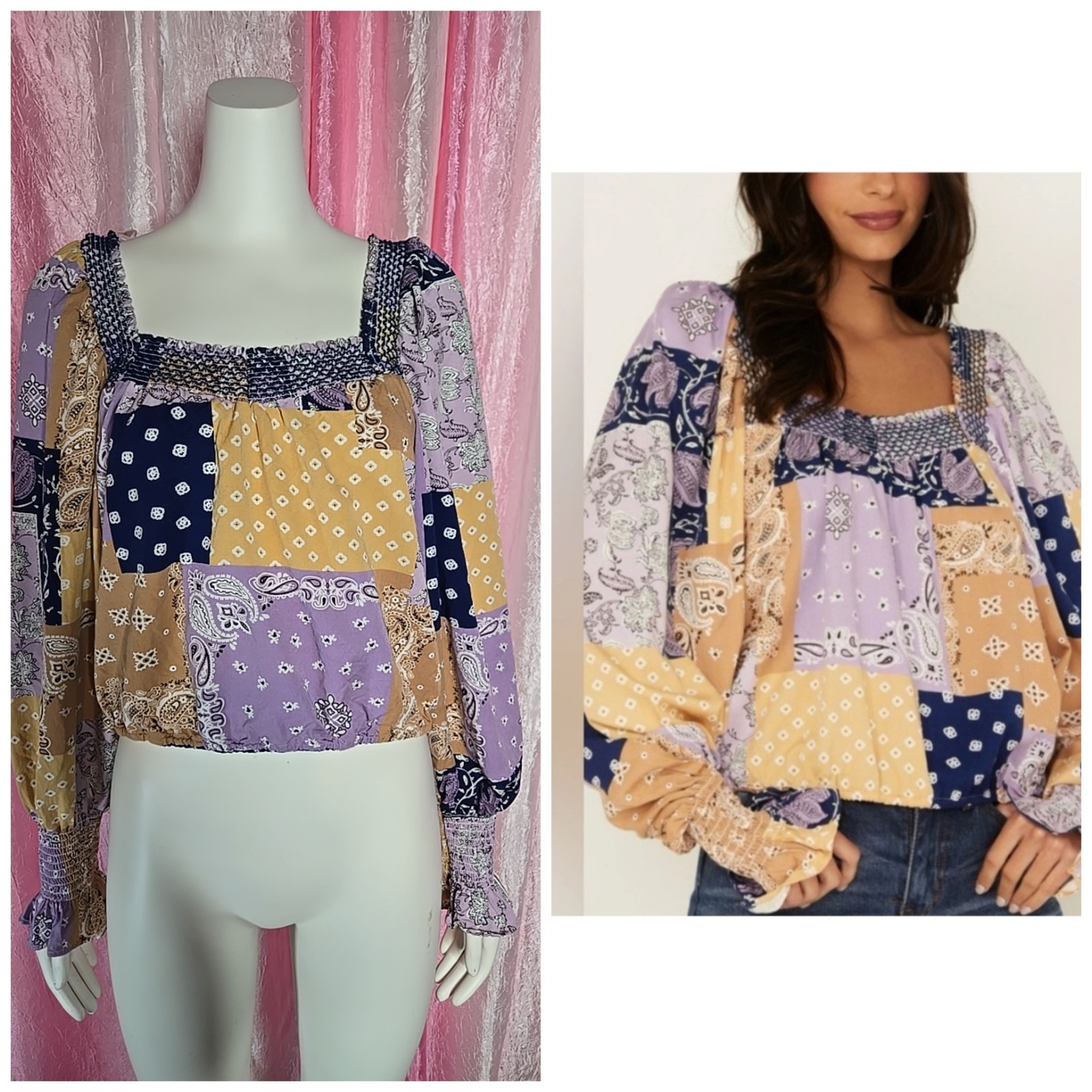 Wrangler Retro Western Patchwork Bell Sleeves Boh… - image 1
