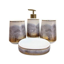 Elegant Ceramic Bath Accessories Set Grey Marble Gold Trim 4 Piece Soap Dispense