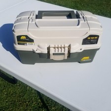 Plano 1 tray fishing tackle box dual top access brass latch green beige USA
